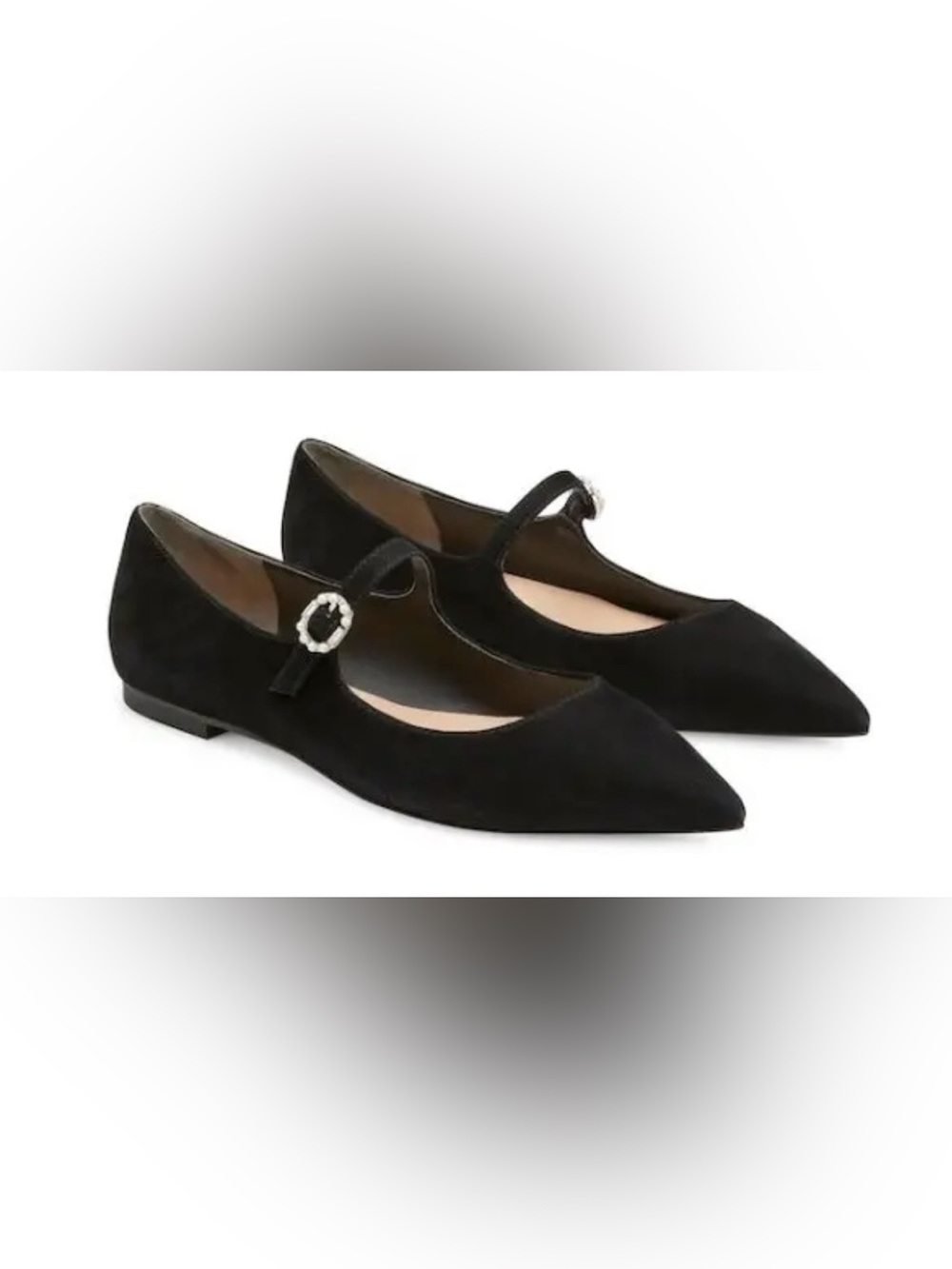 STUART WEITZMAN Black Pointed Mary Jane Flats with Embellished Buckle.